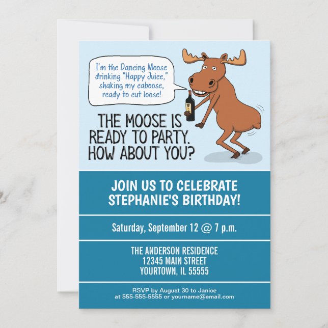 Funny Drunk Dancing Moose Birthday Party Invitation (Front)