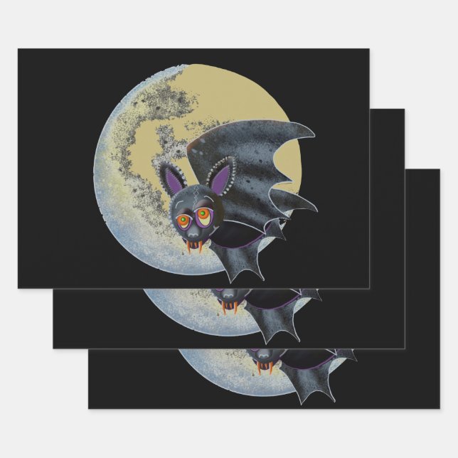 Funny Drunk Halloween Full Moon Bat Wrapping Paper Sheets (Set)