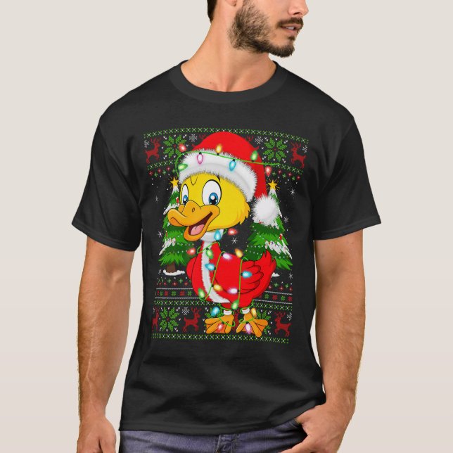 Funny Duck Christmas Lights Santa Costume Ugly Xma T-Shirt (Front)