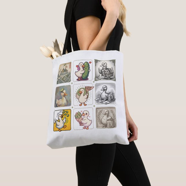 Funny Duck Illustration Grid Art Tote Bag (Close Up)
