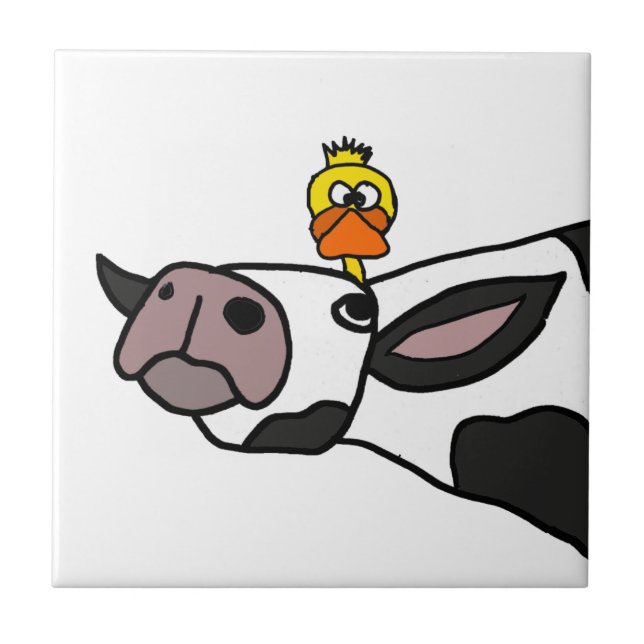 Funny Duck on a Cow Cartoon Ceramic Tile (Front)