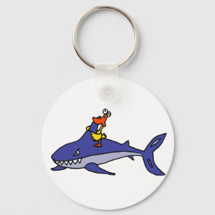 Funny Duck Riding Shark Cartoon Keychain