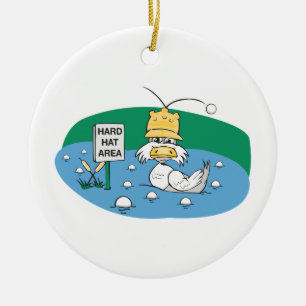 funny duck with hard hat avoiding golf balls ceramic ornament