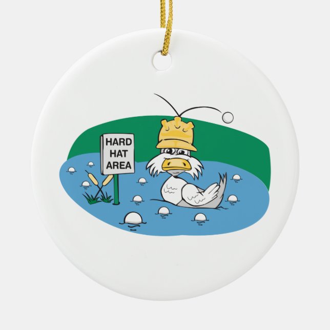 funny duck with hard hat avoiding golf balls ceramic ornament (Front)
