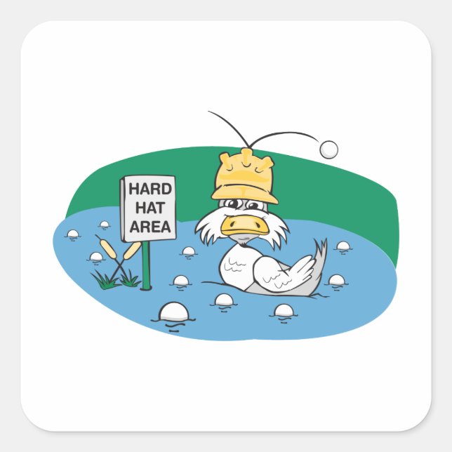funny duck with hard hat avoiding golf balls square sticker (Front)