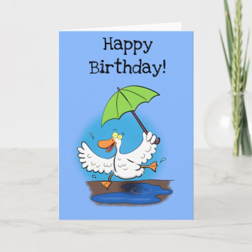 Funny duck with umbrella cartoon birthday card