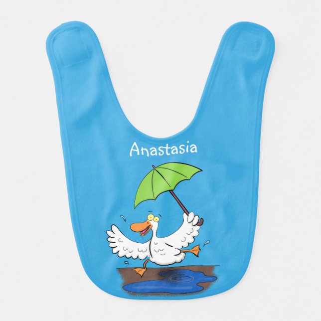 Funny duck with umbrella dancing cartoon baby bib (Front)