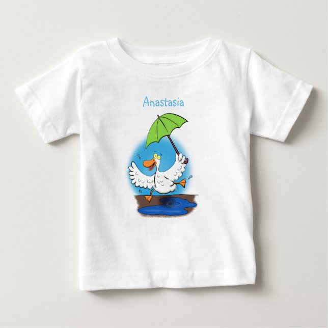 Funny duck with umbrella dancing cartoon baby T-Shirt (Front)