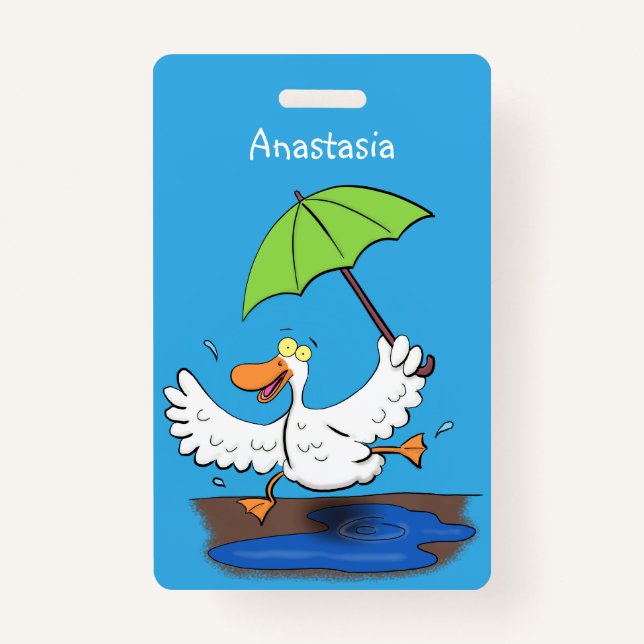 Funny duck with umbrella dancing cartoon badge (Front)