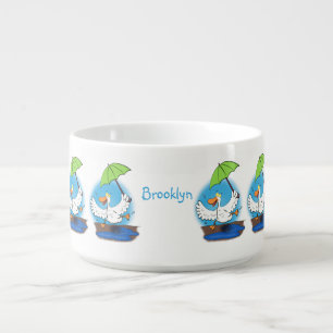 Funny duck with umbrella dancing cartoon bowl