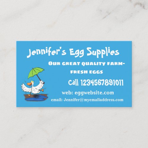 Funny duck with umbrella dancing cartoon business card