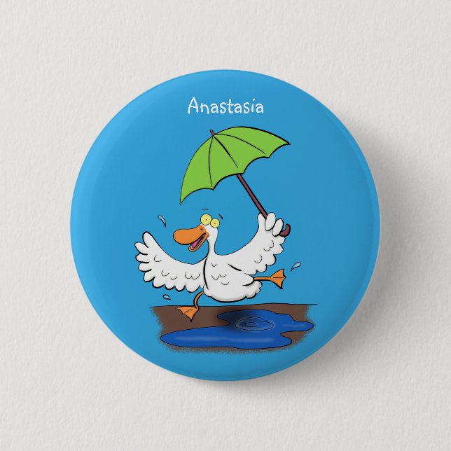 Funny duck with umbrella dancing cartoon button (Front)