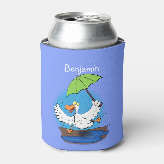 Funny duck with umbrella dancing cartoon can cooler (Can Front)