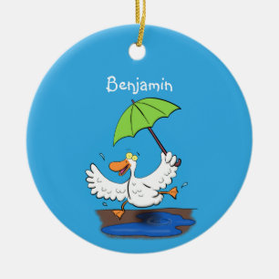 Funny duck with umbrella dancing cartoon ceramic ornament