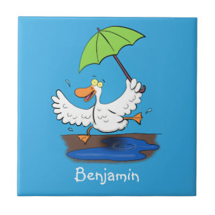 Funny duck with umbrella dancing cartoon ceramic tile