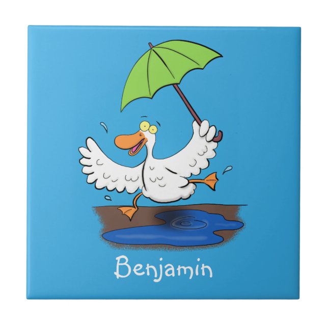 Funny duck with umbrella dancing cartoon ceramic tile (Front)