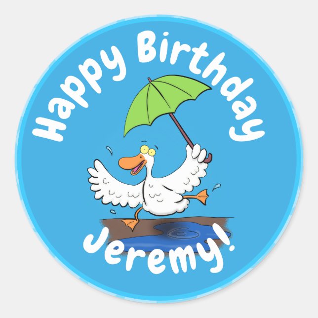 Funny duck with umbrella dancing cartoon classic round sticker (Front)