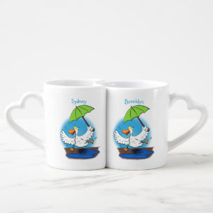 Funny duck with umbrella dancing cartoon coffee mug set
