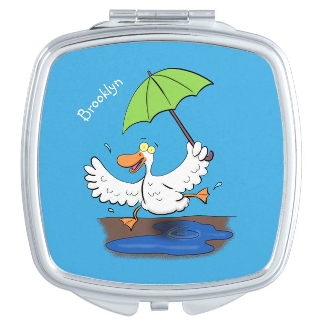 Funny duck with umbrella dancing cartoon compact mirror (Front)