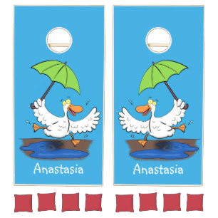 Funny duck with umbrella dancing cartoon cornhole set