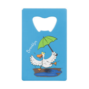 Funny duck with umbrella dancing cartoon credit card bottle opener