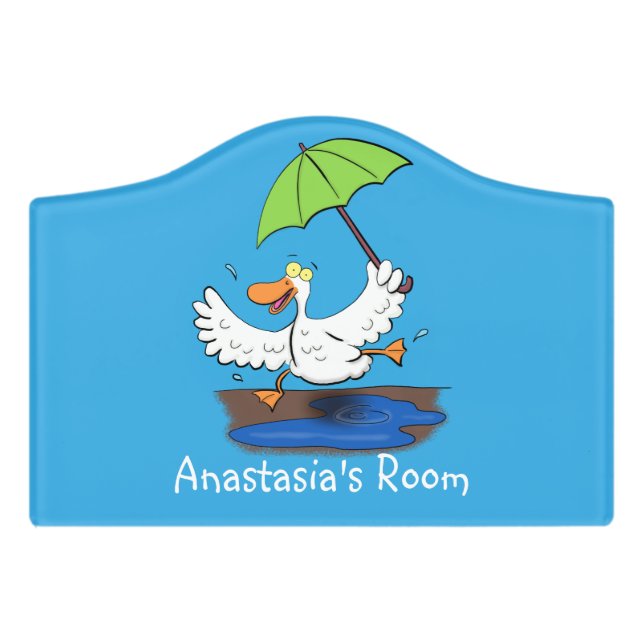 Funny duck with umbrella dancing cartoon door sign (Small Crest Front)