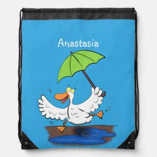 Funny duck with umbrella dancing cartoon drawstring bag