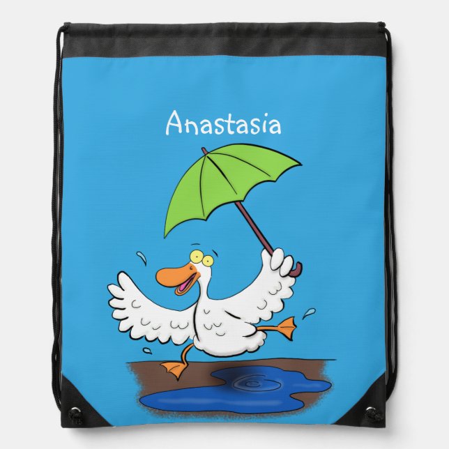 Funny duck with umbrella dancing cartoon drawstring bag (Front)