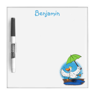 Funny duck with umbrella dancing cartoon dry erase board