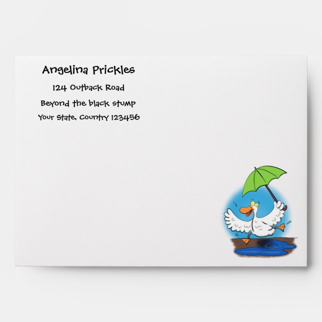 Funny duck with umbrella dancing cartoon envelope (Front)