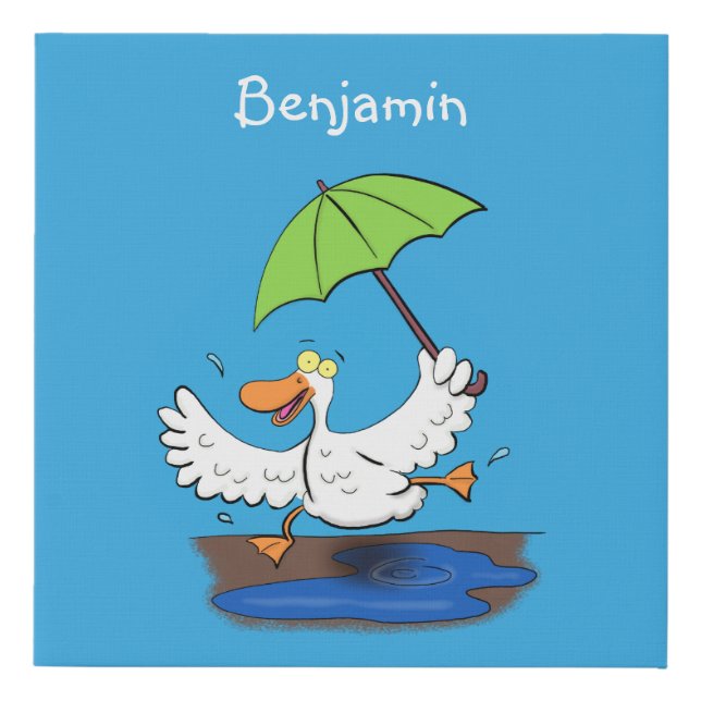 Funny duck with umbrella dancing cartoon faux canvas print (Front)
