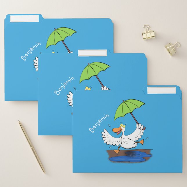 Funny duck with umbrella dancing cartoon file folder (Set)