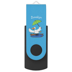 Funny duck with umbrella dancing cartoon flash drive