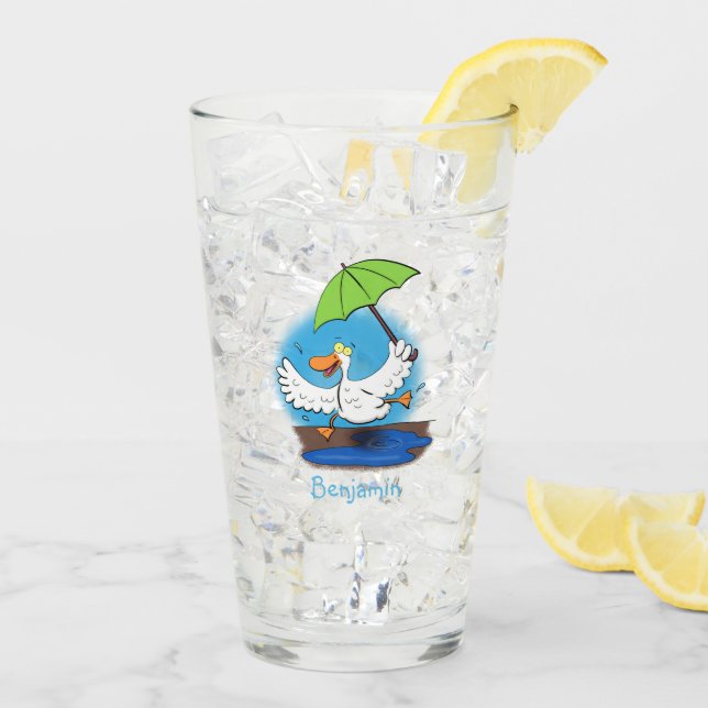 Funny duck with umbrella dancing cartoon glass (Back Ice)