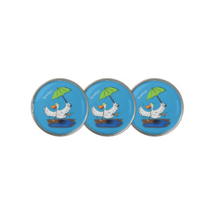 Funny duck with umbrella dancing cartoon golf ball marker