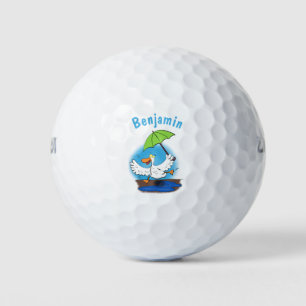 Funny duck with umbrella dancing cartoon golf balls