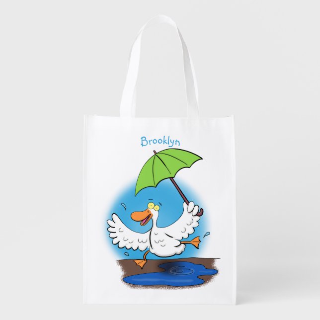 Funny duck with umbrella dancing cartoon grocery bag (Front)