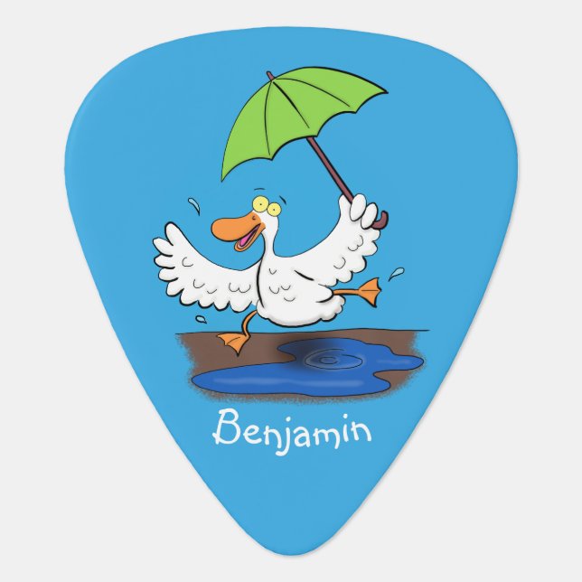 Funny duck with umbrella dancing cartoon  guitar pick (Front)