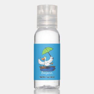 Funny duck with umbrella dancing cartoon hand sanitizer