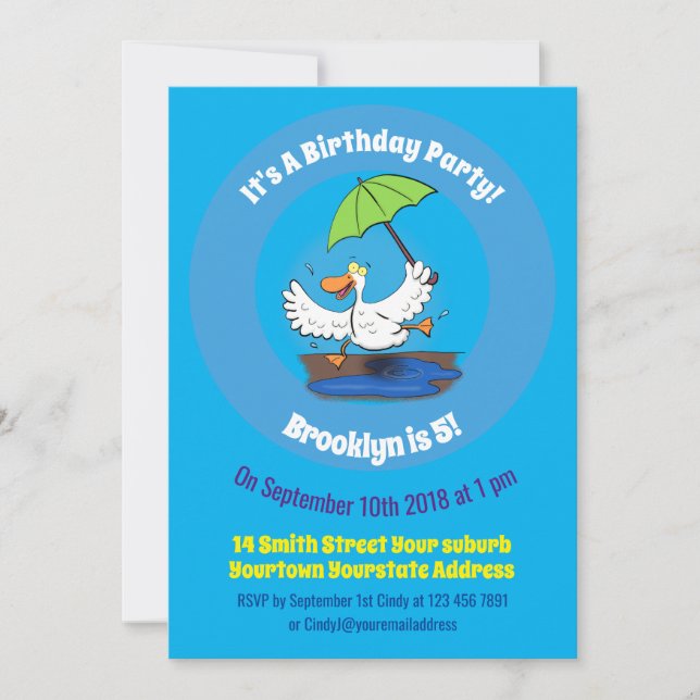 Funny duck with umbrella dancing cartoon  invitation (Front)