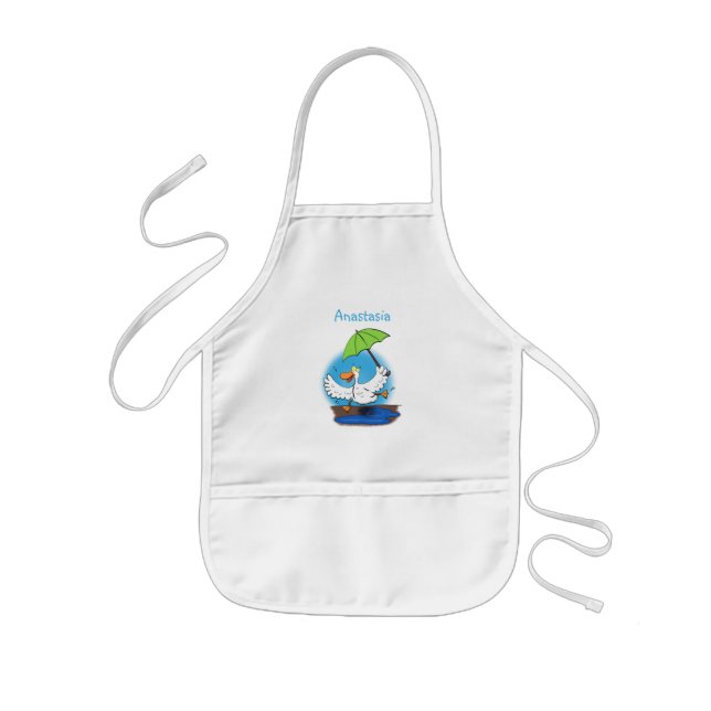 Funny duck with umbrella dancing cartoon kids' apron (Front)