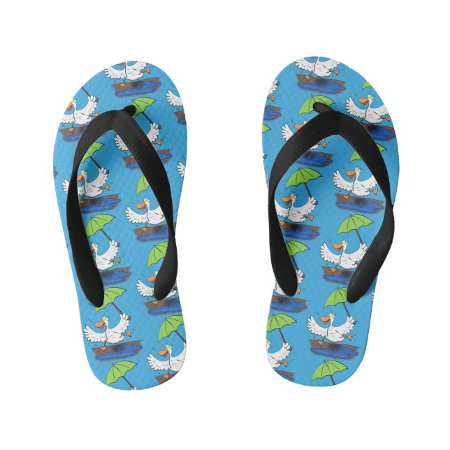 Funny duck with umbrella dancing cartoon kid's flip flops (Footbed)