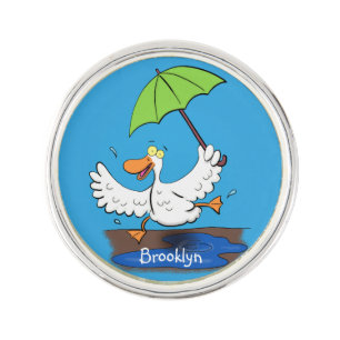 Funny duck with umbrella dancing cartoon lapel pin