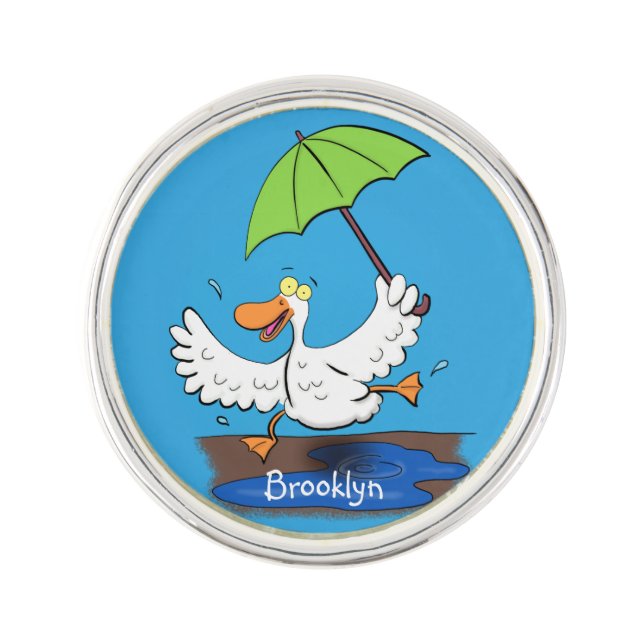 Funny duck with umbrella dancing cartoon lapel pin (Front)