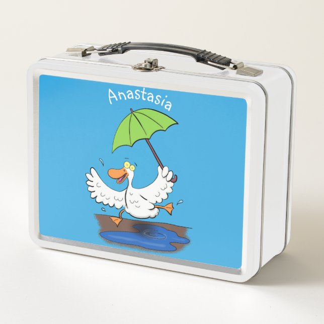 Funny duck with umbrella dancing cartoon metal lunch box (Front)