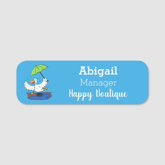 Funny duck with umbrella dancing cartoon name tag (Front)