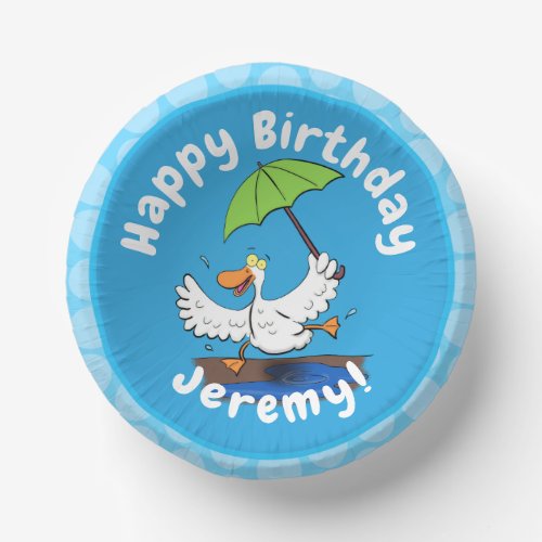 Funny duck with umbrella dancing cartoon paper bowls