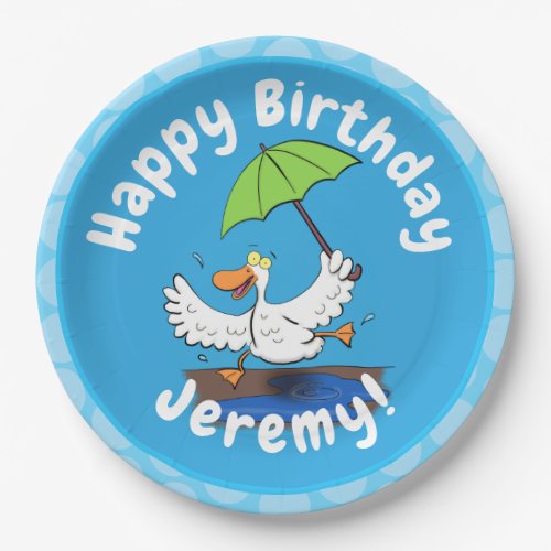 Funny duck with umbrella dancing cartoon paper plates