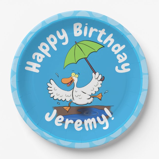 Funny duck with umbrella dancing cartoon paper plates (Front)