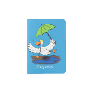 Funny duck with umbrella dancing cartoon passport holder